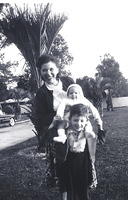 Fannie Cohn Cohen with sons, Marvin holding Harvey on his shoulders. Jacksonville, FL, 1953