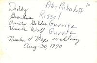 Abe Ribakoff, Rissel Cohn Ribakoff, Goldie Gurvitz, Wolf Gurvitz at Nasha Gurvitz and Max Narod wedding.  Aug 30, 1970 (back)