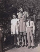 Rivka Edith Weiss, Violet Bleier Silvern, and Joe Weiss in Prospect Park, Brooklyn, NY. Abt 1945. See notes.